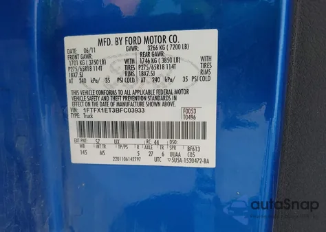 2011 Ford F-150 Xlt z USA, uszkodzony, nr VIN 1FTFX1ET3BFC03933